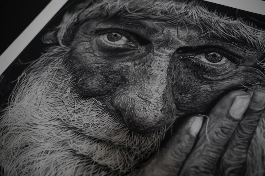 A close up of detailed illustration of an elderly man's face, drawn by artist Crystal Lina.