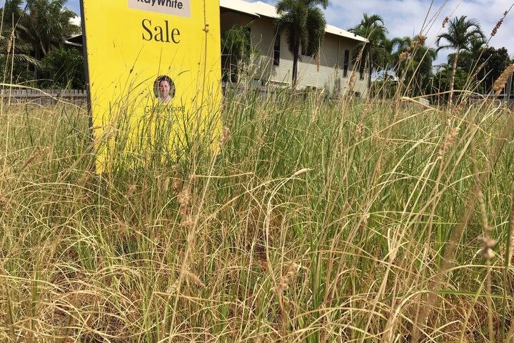 A Ray White for sale sign on an empty block of land.