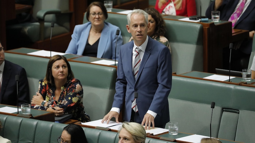 Andrew Giles in a blue suit and striped tie in house of representatives