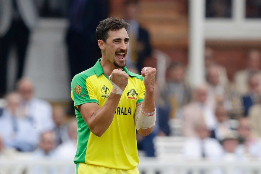 Mitchell Starc clenches both his fists and opens his mouth in a wide smile