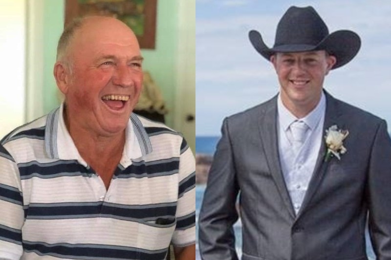 A composite image showing a smiling older man and a younger man in a suit and hat.