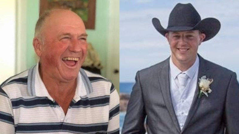 A composite image showing an older man with a big smile and a younger man in a suit and cowboy hat.