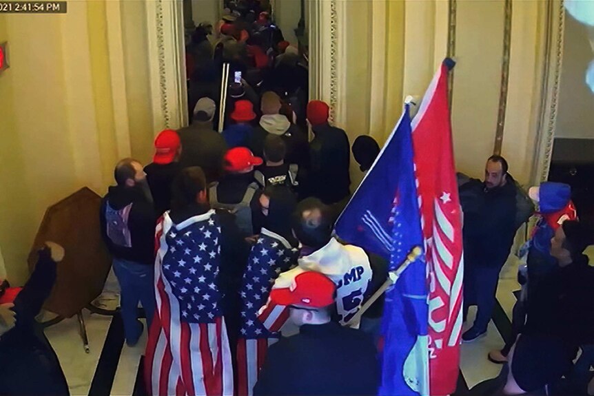 Security video shows people walking inside the US Capitol holding flags