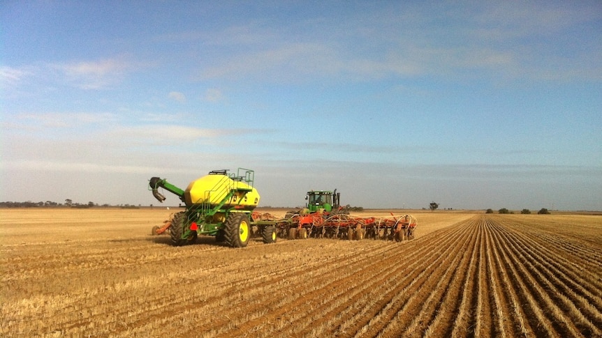 A tractor sowing a wheat crop in a paddock
