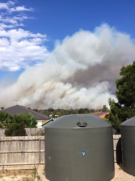 A fire burns at Crib Point on Western Port Bay, Victoria