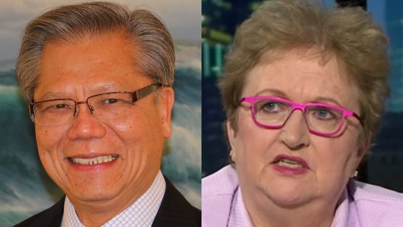 A headshot photo of Hieu Van Le in a suit and tie next to a photo of Amanda Vanstone wearing a pink top and pink glasses