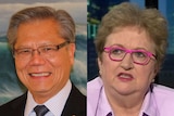 A headshot photo of Hieu Van Le in a suit and tie next to a photo of Amanda Vanstone wearing a pink top and pink glasses