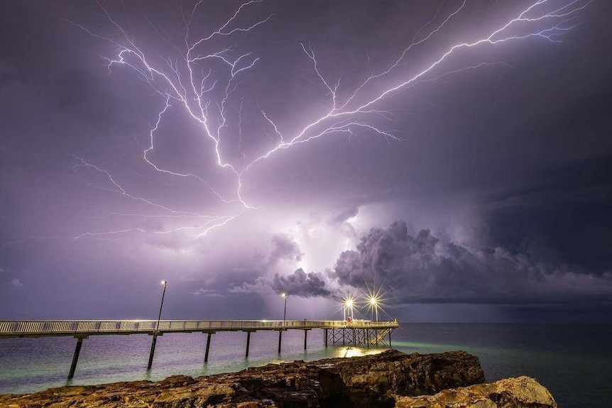 A storm and lightning flash off the coast of Darwin.