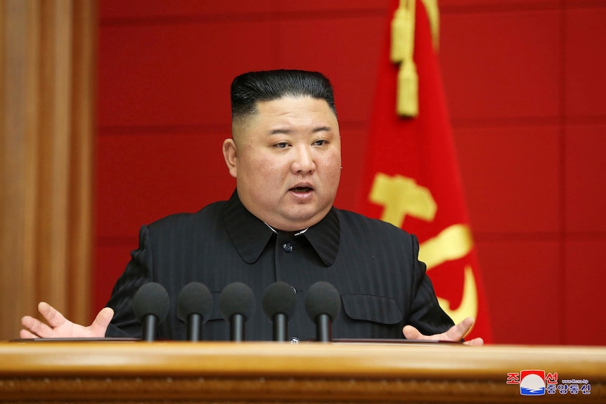 Kim Jong Un in front of a red background.