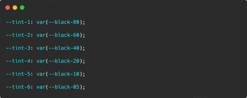 A CSS code sample showing how colour tints are derived from brand colour variables