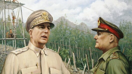 Painting by war artist Alan Moore of Generals MacArthur and Allen. 1972.