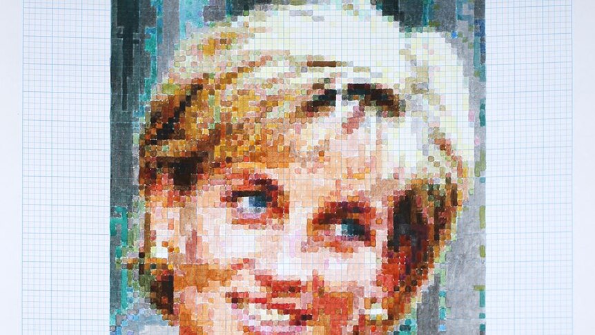 A watercolour portrait of Princess Diana in a pixellated style on graph paper, using water from her memorial fountain