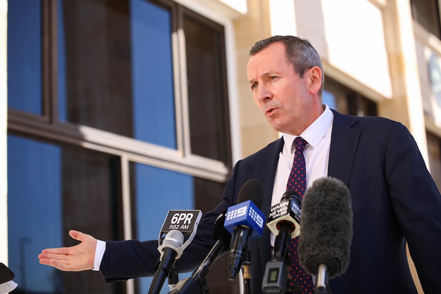 A mid-shot of WA Premier Mark McGowan speaking outside state parliament during a media conference.