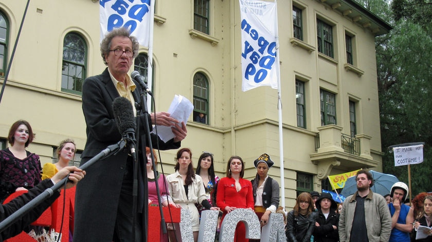 Actor Geoffrey Rush addressed a Save the VCA rally last week.