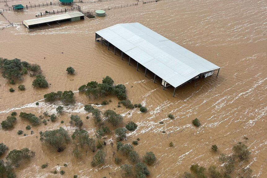 A large shed almost underwater due to flood 