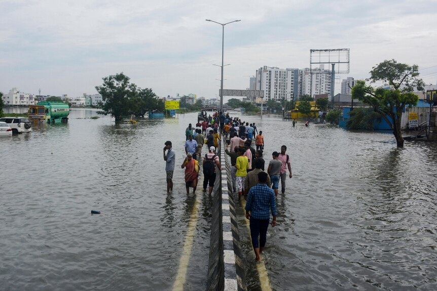 A cluster of people walking through a flooded road in the rain.
