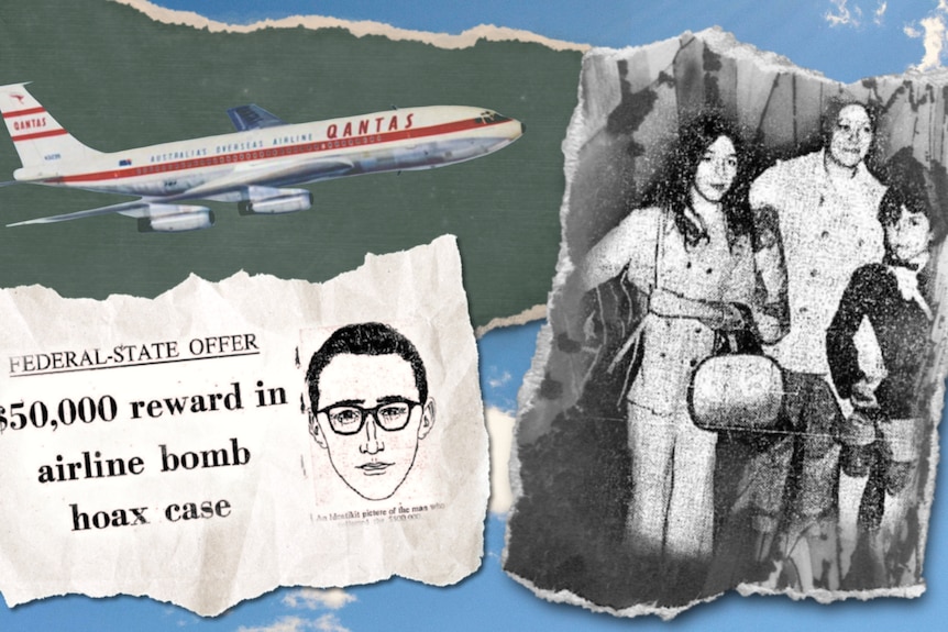 A collage of a Qantas plane, a reward notice and a black and white photo of a mother and two children.