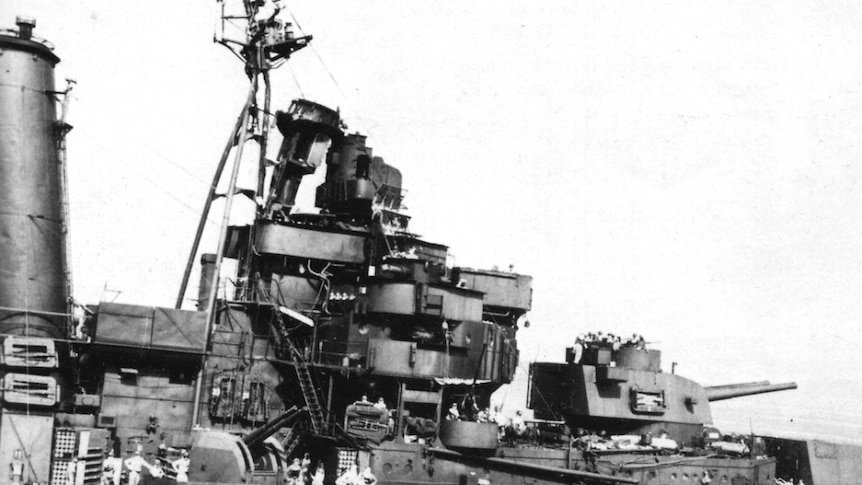 The damage to Australia II's bridge and foremast following the aerial attack of October 21, 1944.