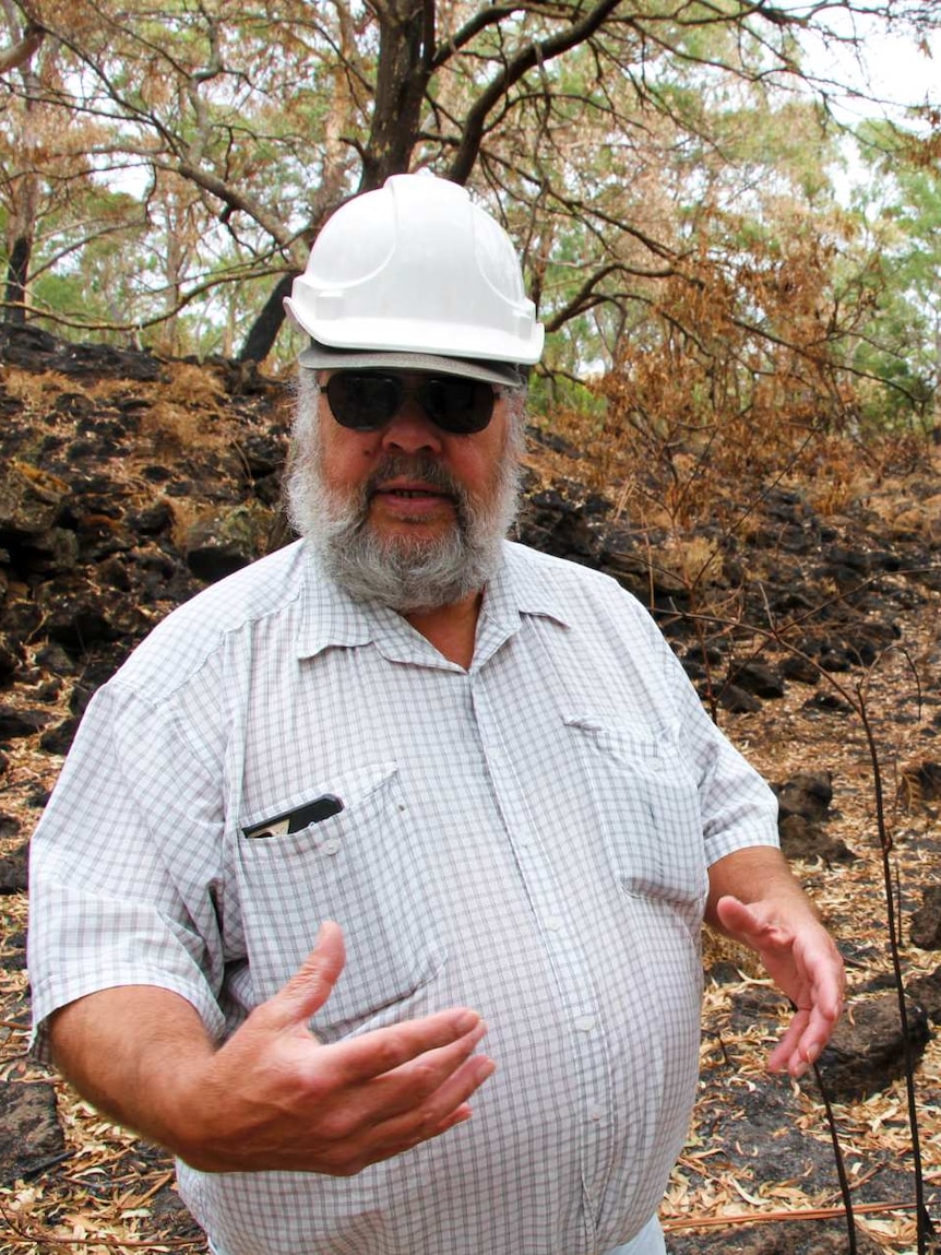 Gunditjmara elder Denis Rose stands in a burnt clearing at Budj Bim.