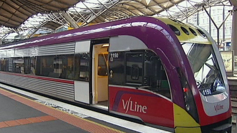 V-Line train with doors open at Southern Cross station