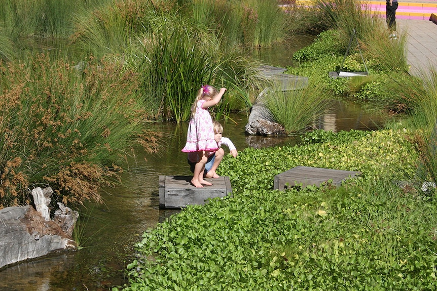 two young children playing in the wetland 