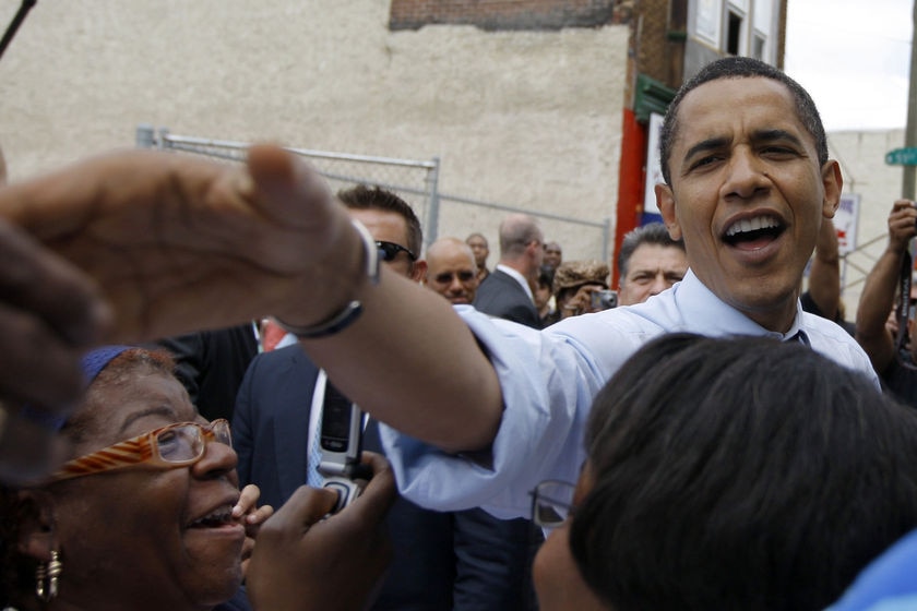Democratic presidential candidate Senator Barack Obama greets residents in Philadelphia