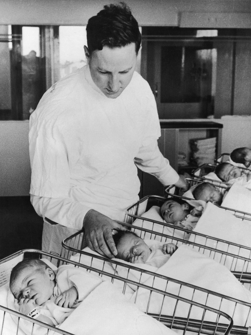 William McBride tending to young babies in a hospital ward