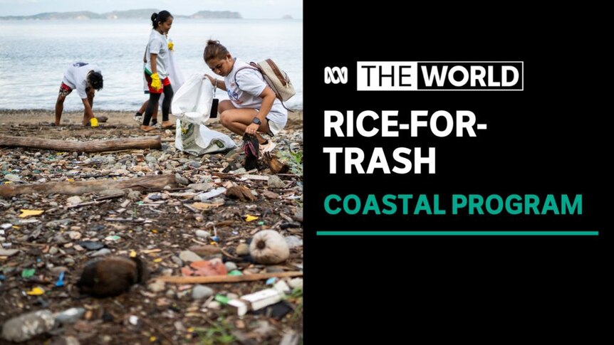 Rice-for-Trash, Coastal Program: People pick up rubbish from a beach.