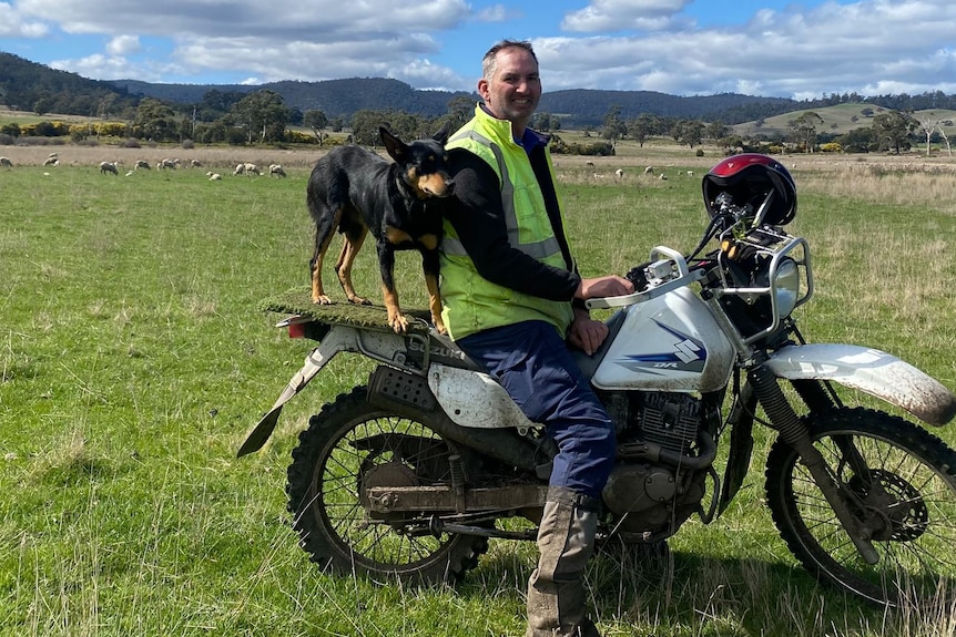 farmer on motorbike with kelpie