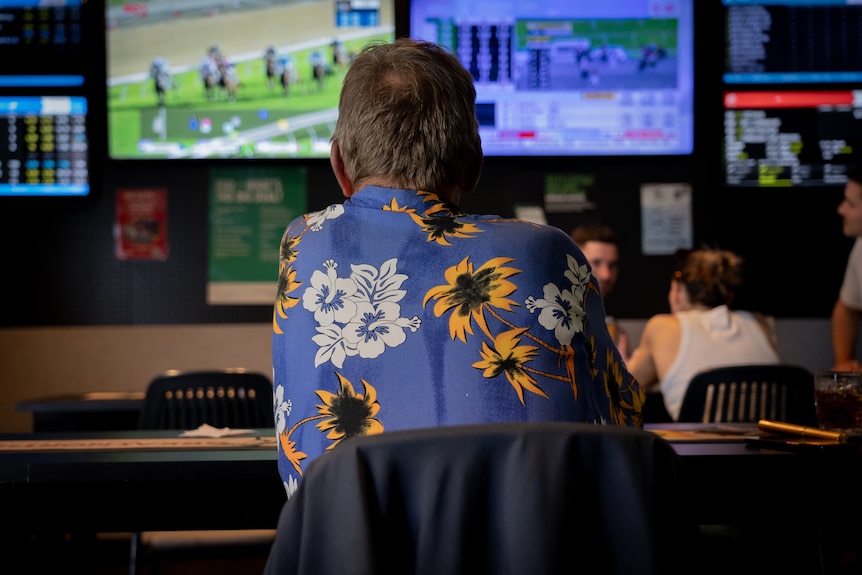 A man photographed from behind, watching horse racing on pub TV screens.