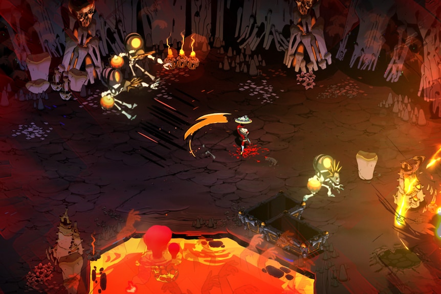 Animated cell showing a fight scene in an underground cavern lit by various fires, with skulls mounted at edge.