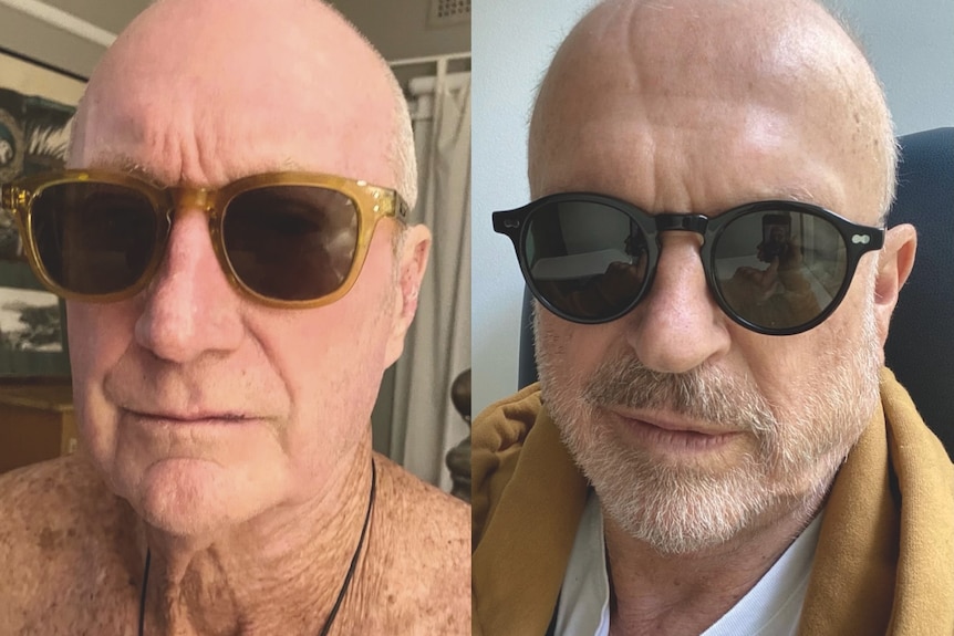 Composite two men in their 70s bald wearing sunglasses