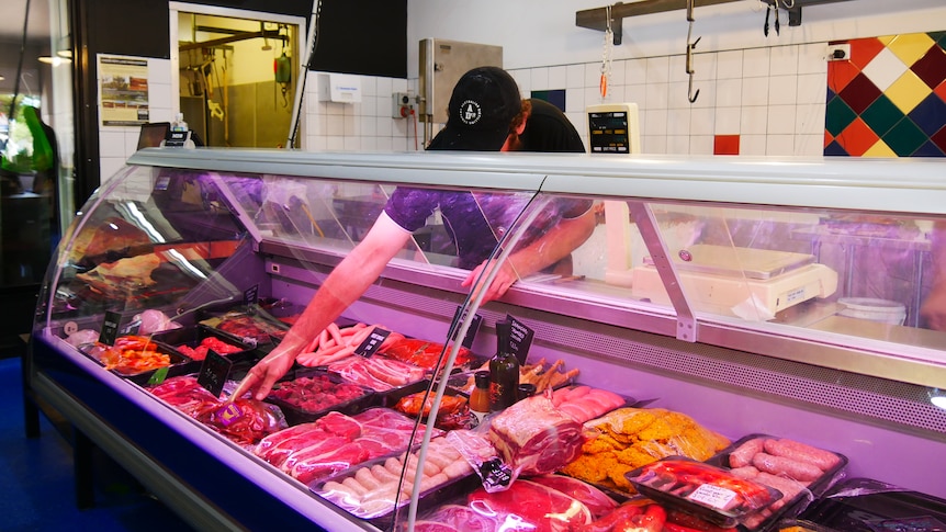 Display of meat at a butcher's shop.