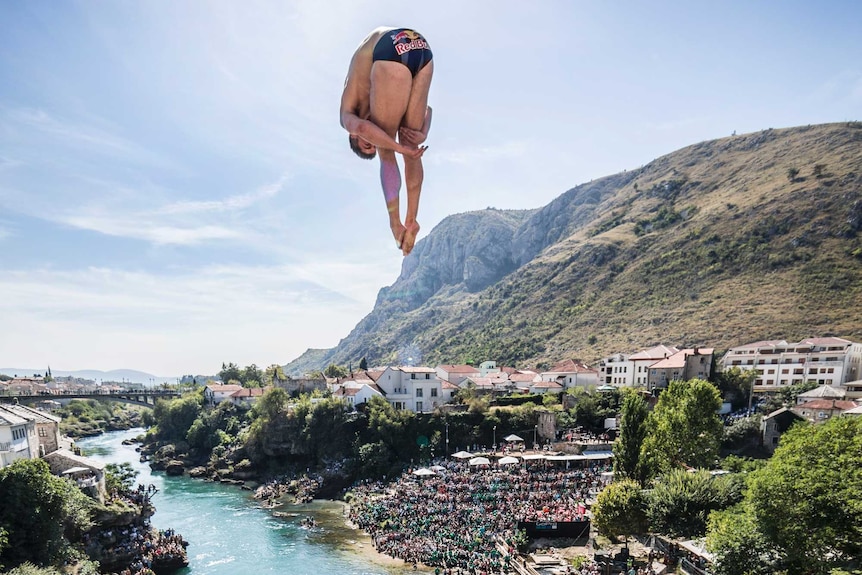 David Colturi of the United States dives from the 27.5 metre platform on Stari Most.