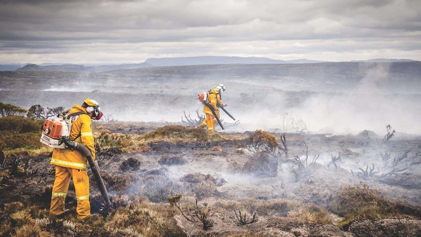 NSW Fire crews using leaf blowers to remove fuel from a fire ground