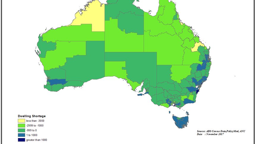 The ANU study shows most parts of Australia have a mild to moderate housing oversupply.