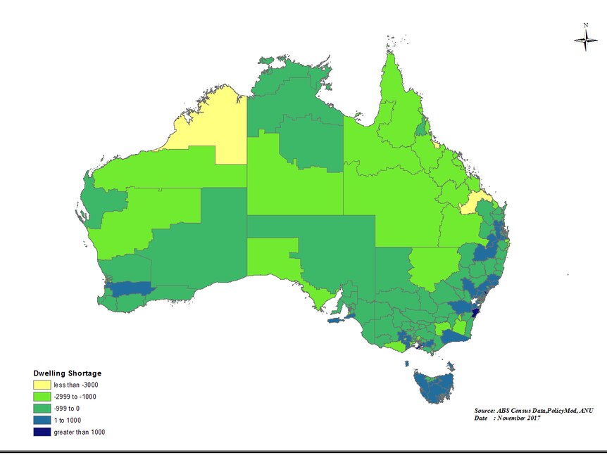The ANU study shows most parts of Australia have a mild to moderate housing oversupply.