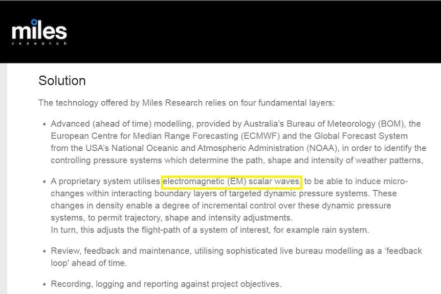 A screenshot from David Miles' website showing description of "electromagnetic scalar waves" technology.