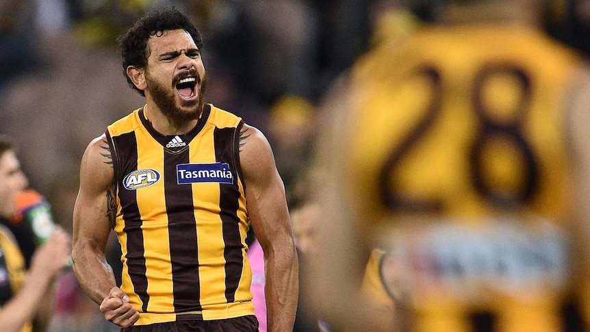 Cyril Rioli celebrates a goal for Hawthorn against Richmond