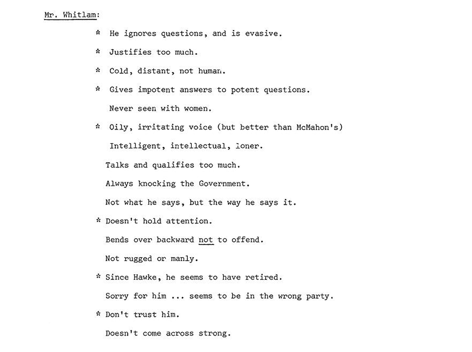 The original pitch for Gough Whitlam's 1972 It's Time campaign documents Mr Whitlam's perceived weaknesses.