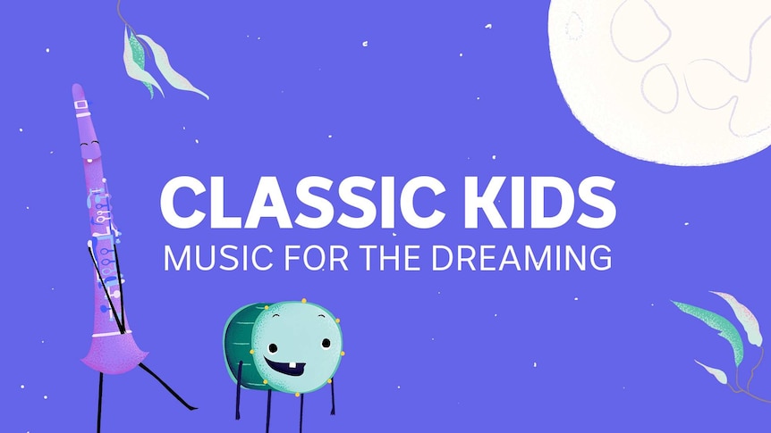 Illustrated purple backdrop with a drum, flute, grass and moon in the foreground and Classic Kids written in the center. 