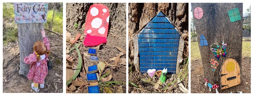A composite image showing small "fairy doors" on a walking track.