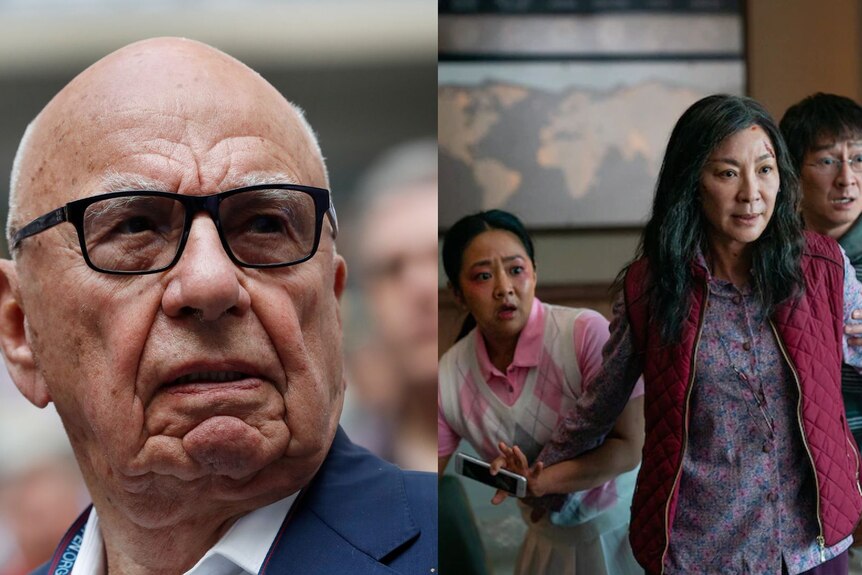 A picture of Rupert Murdoch and Everything Everywhere All At Once stars Stephanie Hsu, Michelle Yeoh and Ke Huy Quan.