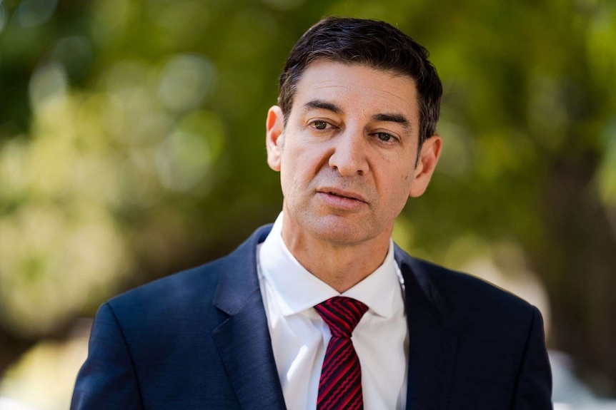 Perth Lord Mayor Basil Zempilas looking contemplative as he speaks to the media.