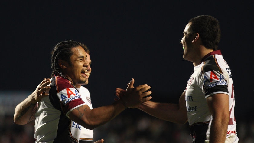 Narrow escape...Steve Matai scored the Sea Eagles' opening try.