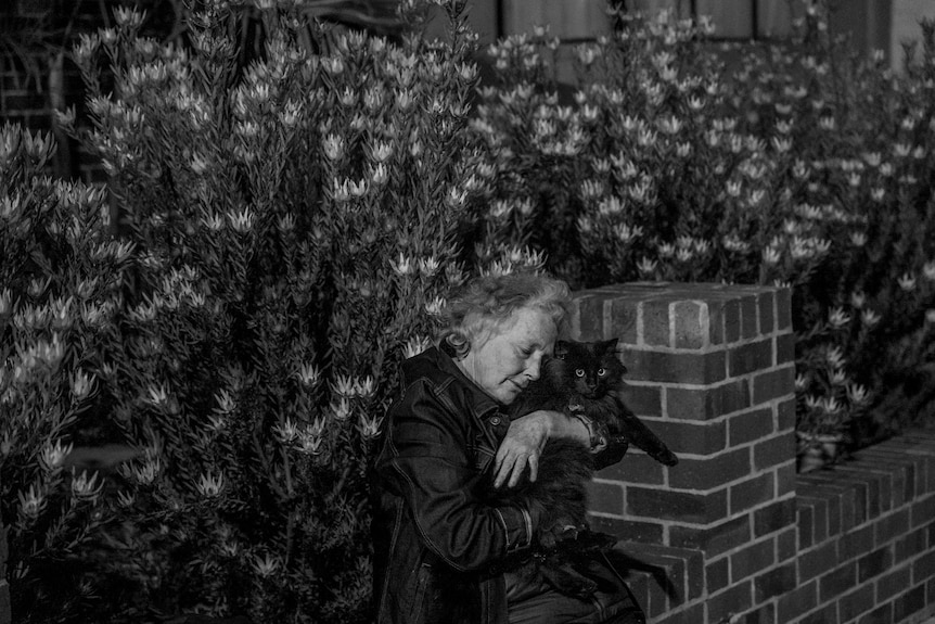 Elderly woman sitting on a brick wall holding a cat.