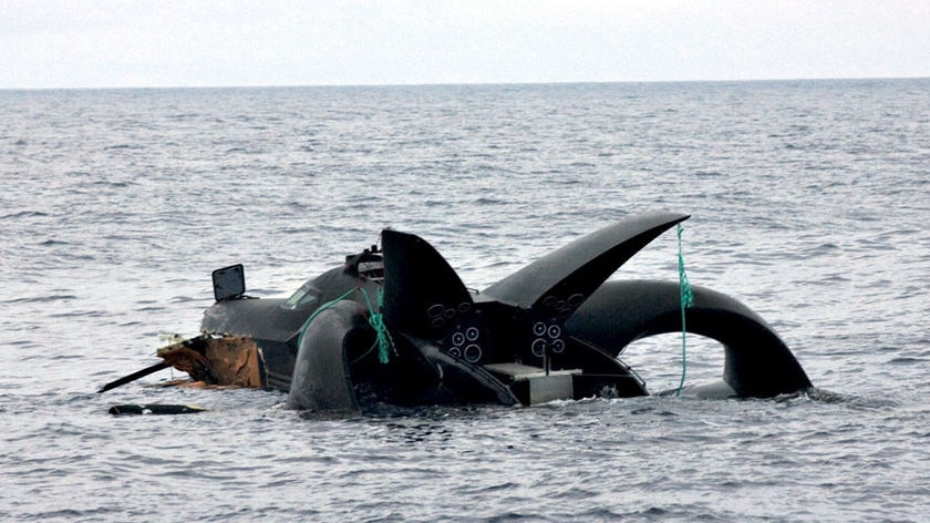 The Sea Shepherd's trimaran the Ady Gil begins to sink in the Southern Ocean