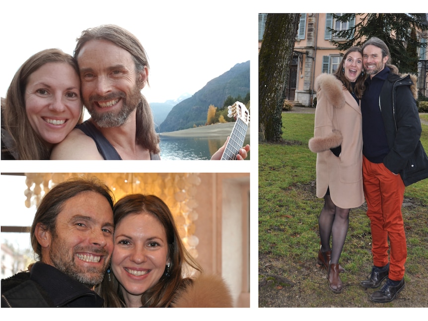 Three photos of the couple in different locations