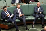 Sukkar and Tudge sit looking at their phones, and Joyce sits with his arms folded, on the opposition benches.