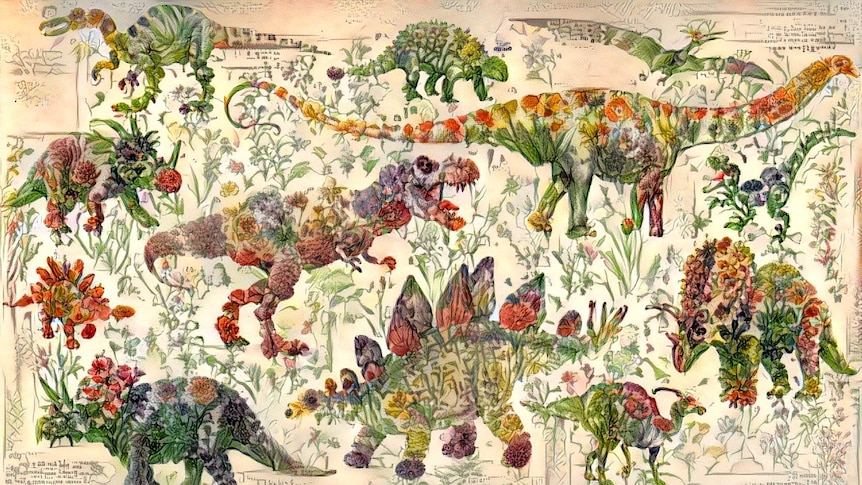 A map of dinosaurs whose limbs are made up of lithographs of flowers